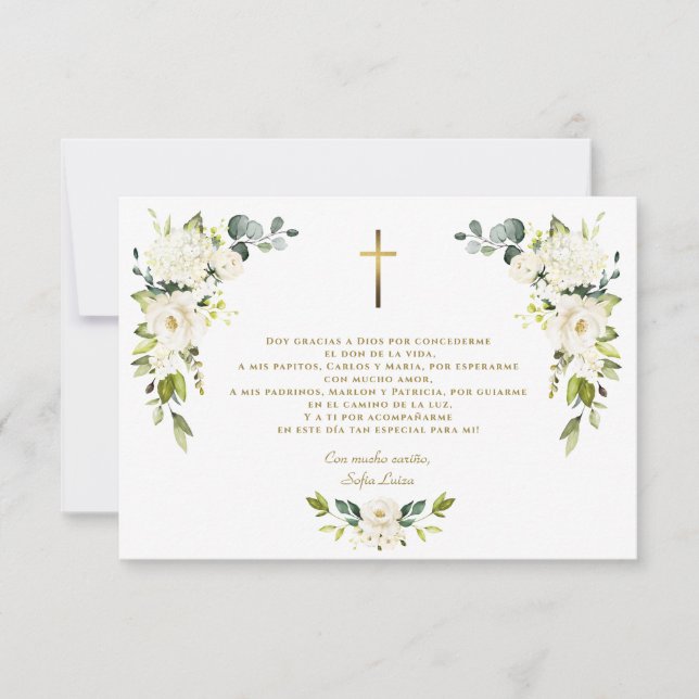 White Floral Gracias Con Oración Bautizo Dankeskarte (Vorderseite)