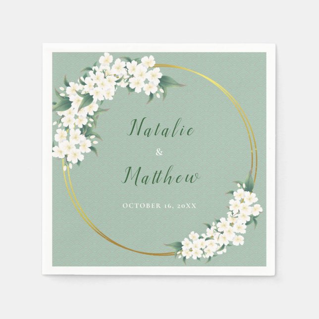 White Floral Green Chinoiserie Muster Hochzeit Serviette (Vorderseite)