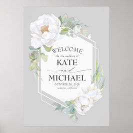 White Floral Greenery Geometric Wedding Willkommen Poster