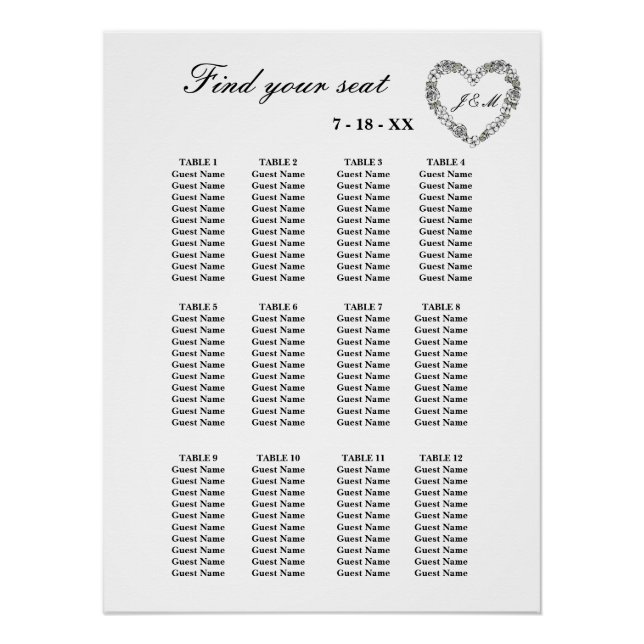 White Floral Heart 12 Table Wedding Table Setting Poster (Vorderseite)