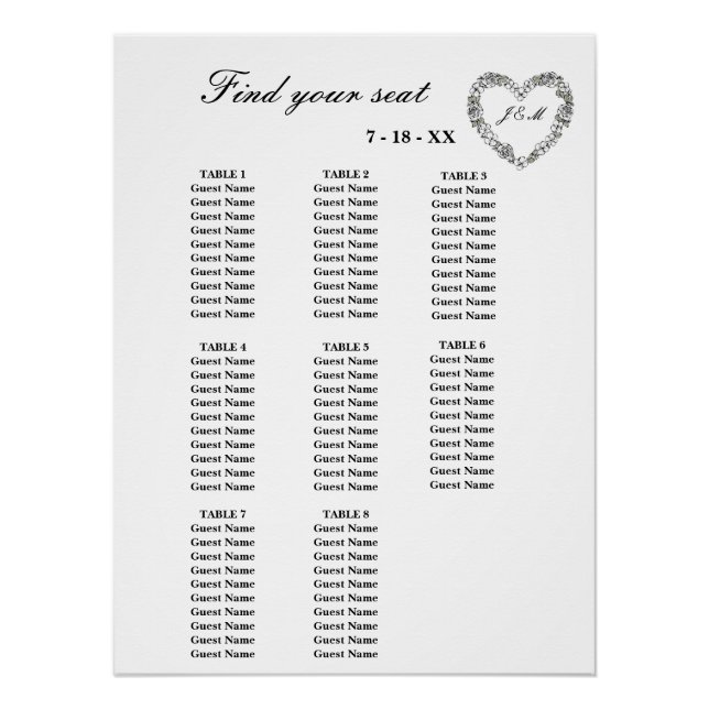 White Floral Heart 8 Table Wedding Table Setting Poster (Vorderseite)