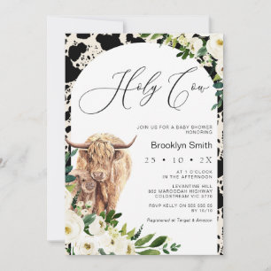 White Floral Highland Cow Baby Dusche Einladung