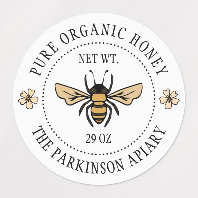 White Floral Honey Bee Illustration Apiary Etiketten (Design 1)