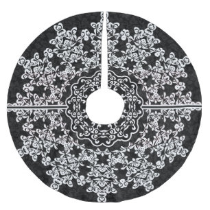 White Floral Lace Black Damask Polyester Weihnachtsbaumdecke