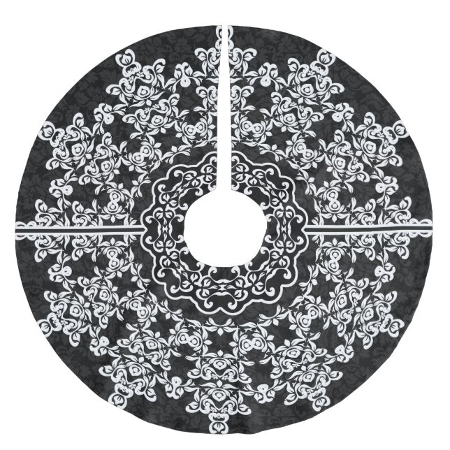White Floral Lace Black Damask Polyester Weihnachtsbaumdecke (Vorderseite)
