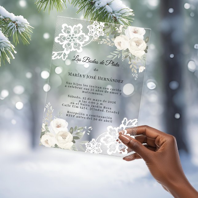 White Floral Lace Invitación Bodas de Plata Acryleinladungen (Von Creator hochgeladen)