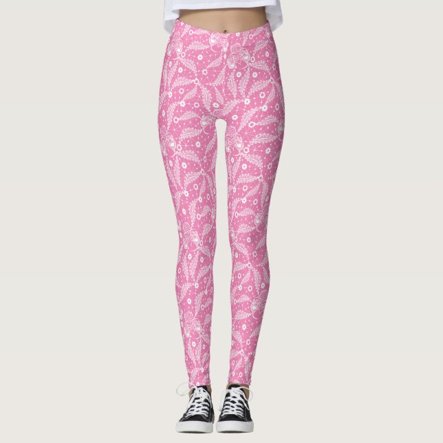 White floral lace on pink background  leggings (Vorderseite)