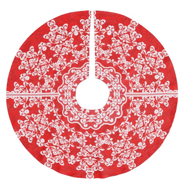 White Floral Lace Red Damasks Polyester Weihnachtsbaumdecke (Vorderseite)