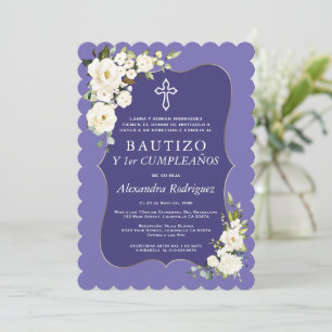 White Floral Lavender Spanisch 1. Geburtstag Taufe Einladung