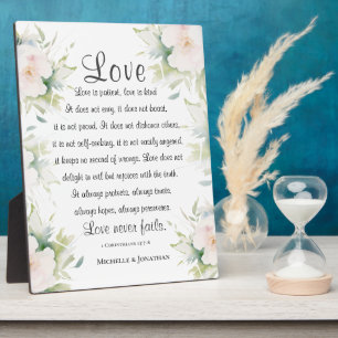 White Floral Liebe Versage nie Bible Verse Hochzei Fotoplatte