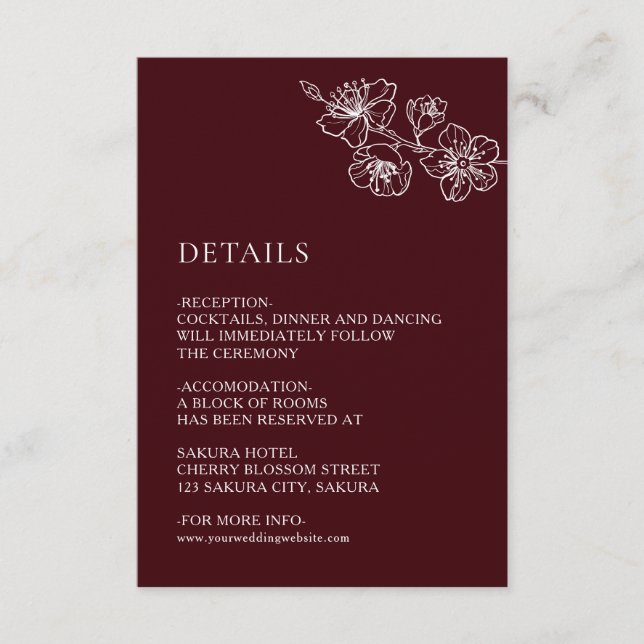 White Floral Line Art Burgundy Wedding Begleitkarte (Vorderseite)