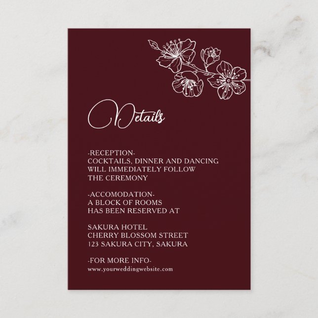 White Floral Line Art Burgundy Wedding Begleitkarte (Vorderseite)