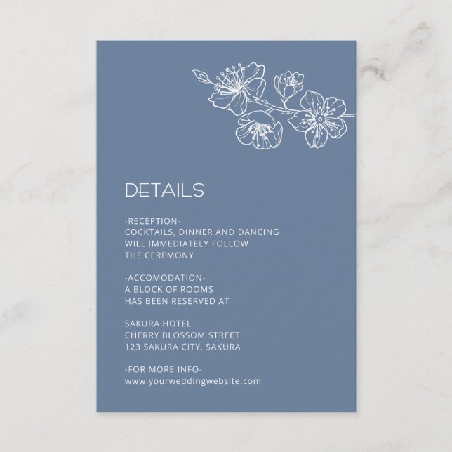 White Floral Line Art Dusty Blue Wedding Begleitkarte (Vorderseite)