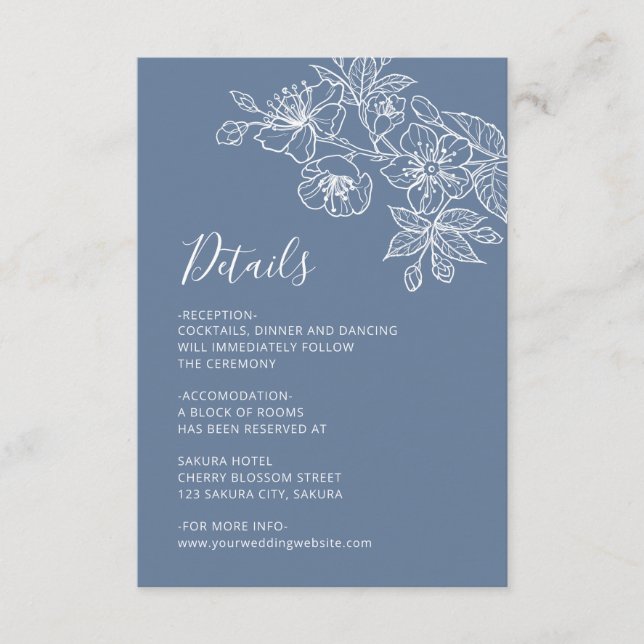 White Floral Line Art Dusty Blue Wedding Begleitkarte (Vorderseite)
