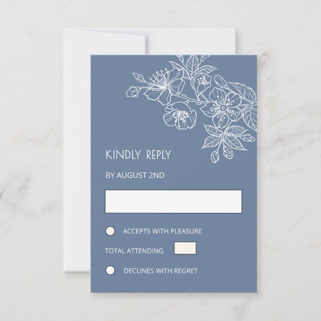 White Floral Line Art Dusty Blue Wedding RSVP Karte (Vorderseite)