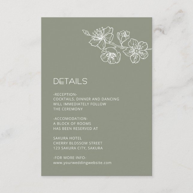 White Floral Line Art Sage Green Wedding Begleitkarte (Vorderseite)