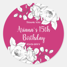 White Floral Magenta Birthday Runder Aufkleber