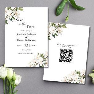 White Floral Magnolias Greenerity QR Code Wedding Save The Date