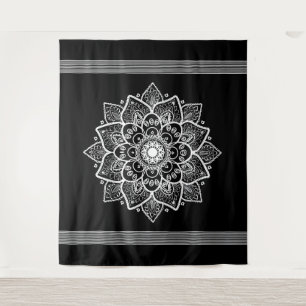 White Floral Mandala Schwarzer Hintergrund Wandteppich