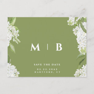 White Floral Moss Green Wedding Save the Date Postkarte
