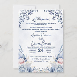 White Floral Nikkah Blue White Einladung