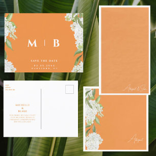 White Floral Orange Monogram Wedding Rett Date Postkarte