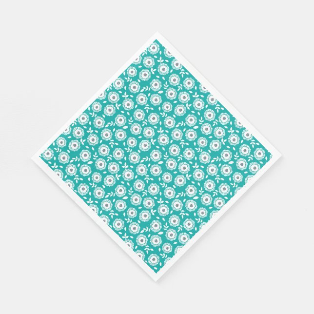White floral pattern on turquoise background serviette (Ecke)