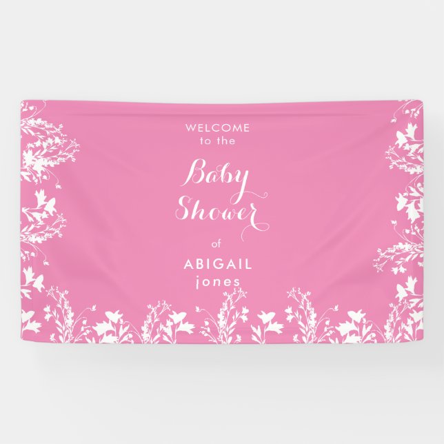 White Floral Pink Babydusche Willkommen Banner (Horizontal)