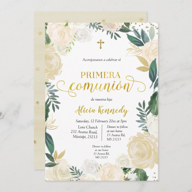White Floral Primera Comunió n Invitacion Invitat Einladung (Vorne/Hinten)