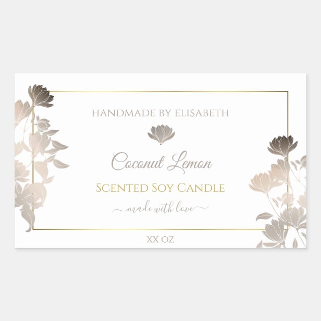 White Floral Product Packaging Labels Gold Frame Rechteckiger Aufkleber (Vorderseite)