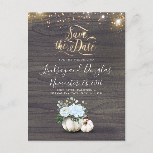 White Floral Pumpkin Rustic Fall Save the Date Ann Ankündigungspostkarte (Vorderseite)