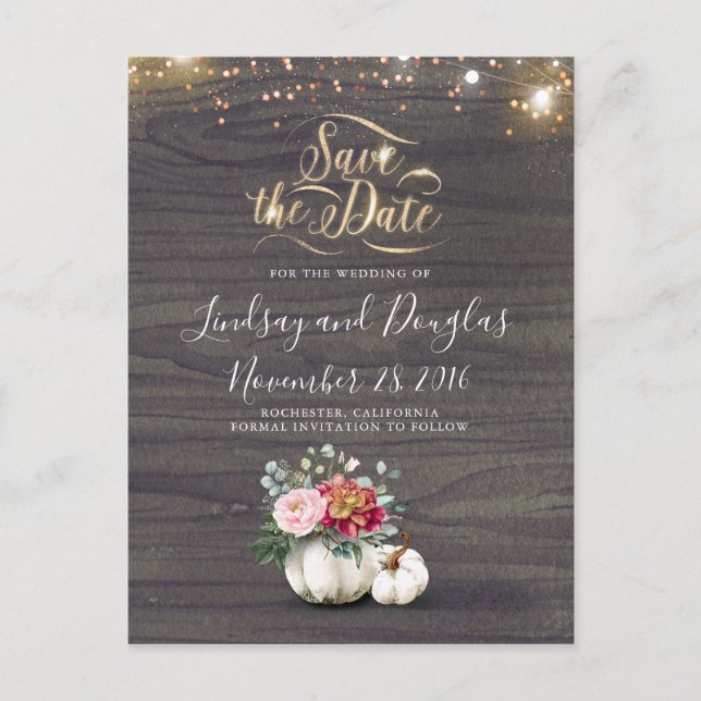 White Floral Pumpkin Rustic Fall Save the Date Ann Ankündigungspostkarte (Vorderseite)
