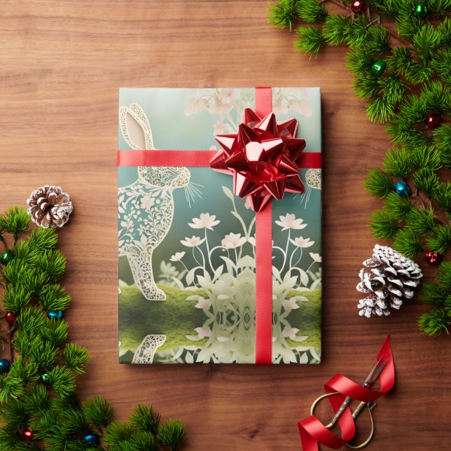 White Floral Rabbit Spring Art Geschenkpapier (Feiertagsgeschenk)
