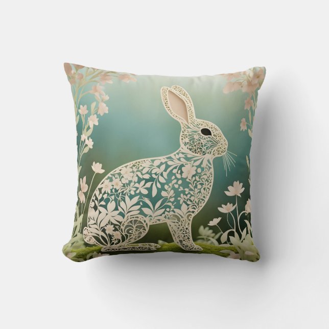 White Floral Rabbit Spring Art Kissen (Vorderseite)