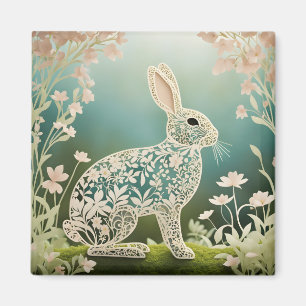 White Floral Rabbit Spring Art Magnet