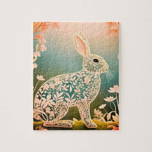White Floral Rabbit Spring Art Puzzle (Vertikal)