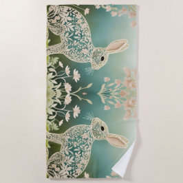 White Floral Rabbit Spring Art Strandtuch