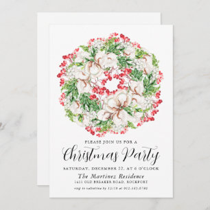 White Floral Red Berry Wreath Weihnachtsfest Party Einladung