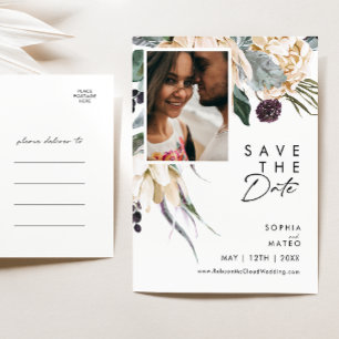 White Floral Script Foto Save the Date Postcard Einladungspostkarte