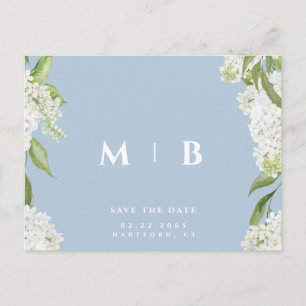 White Floral Sky Blue Wedding Save the Date Postkarte