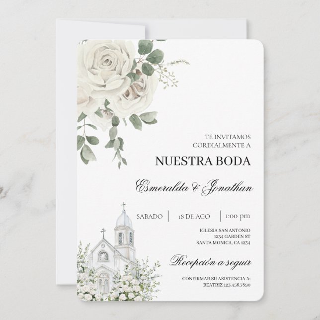 White Floral Spanish church Wedding Invitation Einladung (Vorderseite)