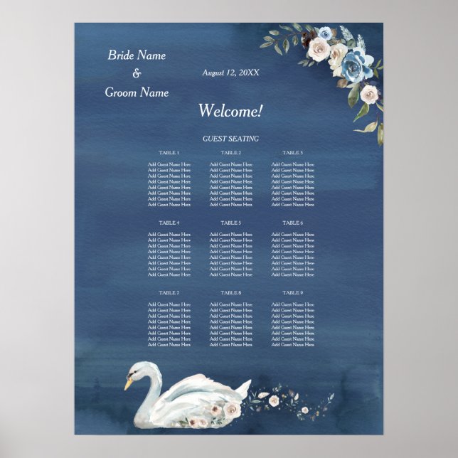 White Floral Swan Hochzeitsdinner Seetabelle Poster (Vorne)