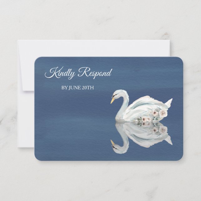 White Floral Swan on Blue Menu Wedding RSVP (Vorderseite)