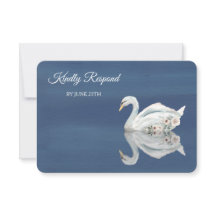 White Floral Swan on Blue Menu Wedding RSVP