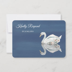 White Floral Swan on Blue Menu Wedding RSVP Karte