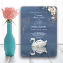 White Floral Swan on Blue Wedding