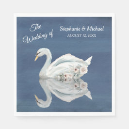 White Floral Swan on Blue Wedding Serviette