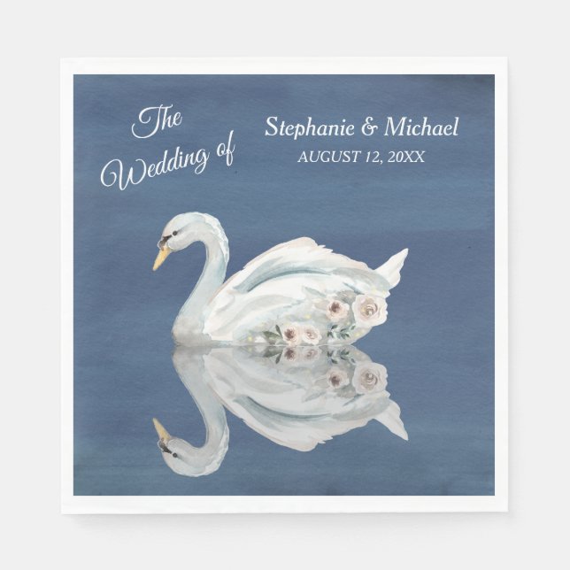 White Floral Swan on Blue Wedding Serviette (Vorderseite)