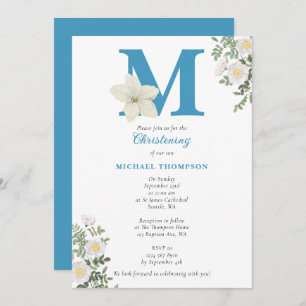 White Floral Taufe Christening Baby Boy Initials Einladung