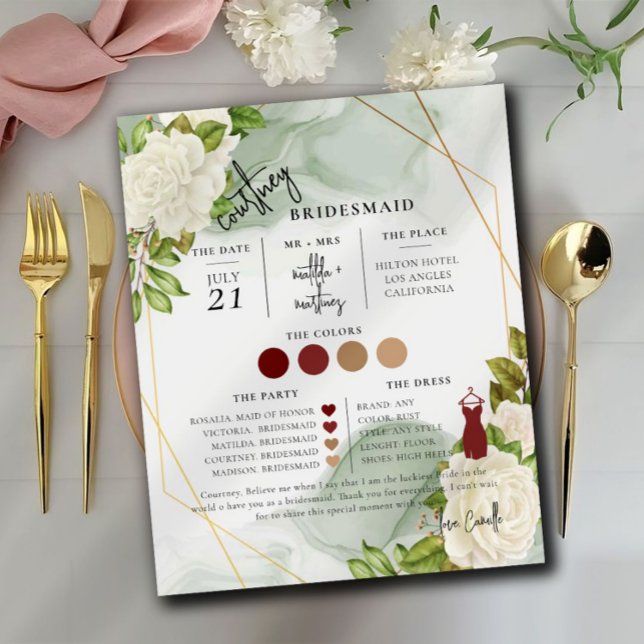 White Floral Text Script Bridesmaid Info Card (Von Creator hochgeladen)